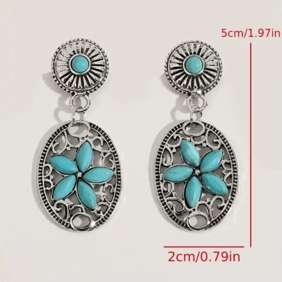 Western Boho Southwest Flower Silver Turquoise Dangle Earrings - Picture 5 of 5